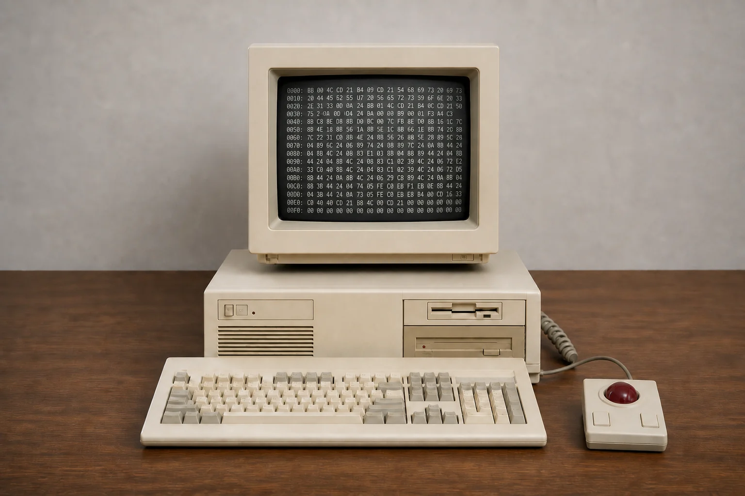Een oude 286-pc met een hex dump op het CRT-beeldscherm